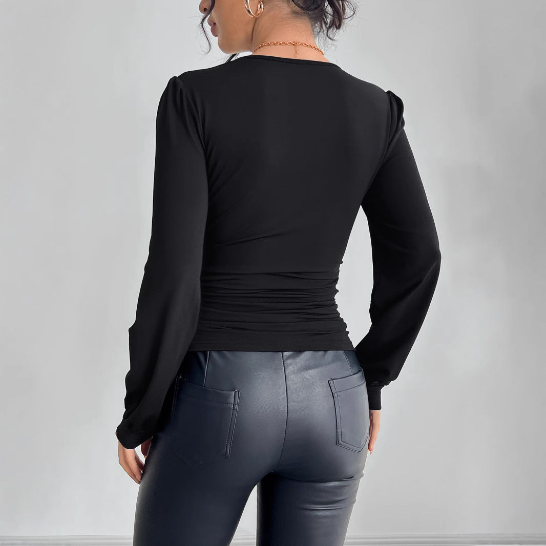 T-shirt à manches longues cintré pour femmes avec décolleté en dentelle plongeant, fronces et ornements en cristal R&B