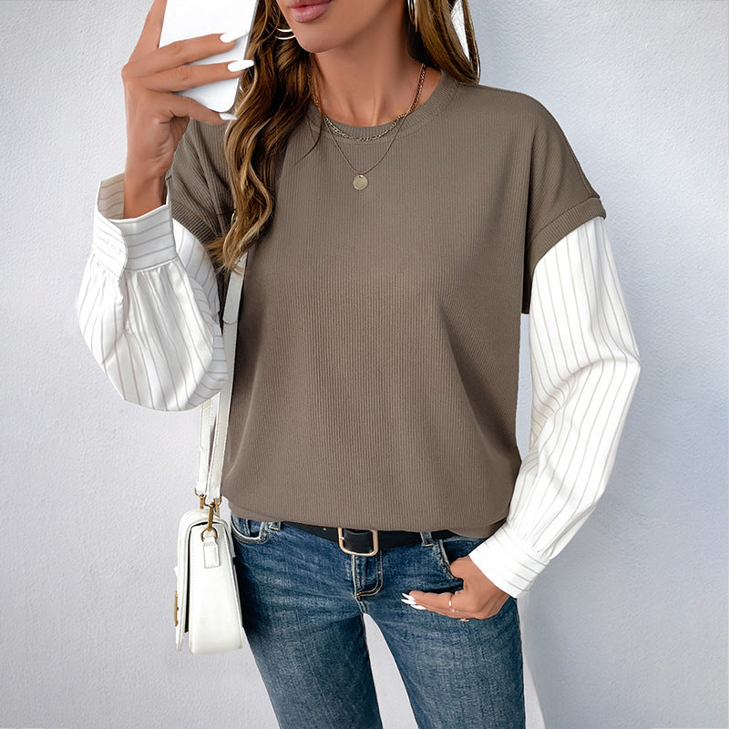 T-shirt long casual pour femmes avec haut en rib et manches de blouse rayées Echoarchiv