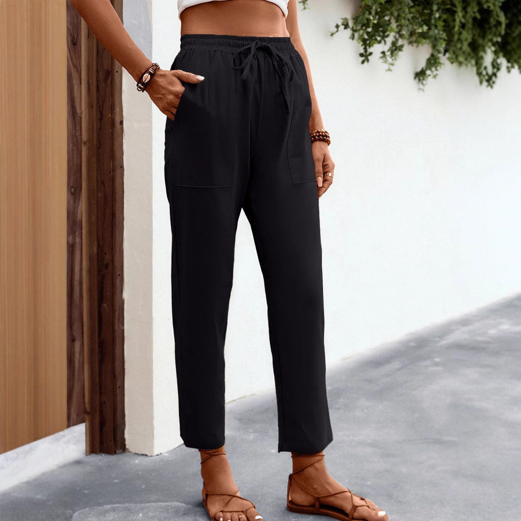 Pantalon Chino Femme Léger Taille Haute avec Cordon de Serrage, Poches Plaquées et Coupe Cheville Raccourcie