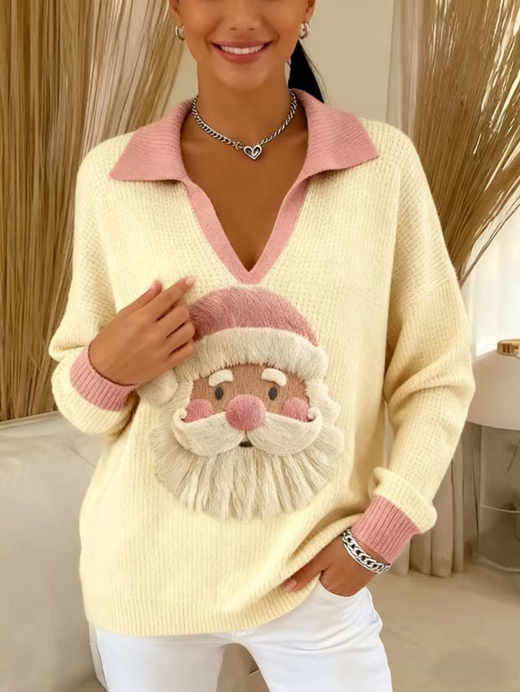 Pull en tricot doux pour femmes avec col en V, col polo et motif de Noël 3D