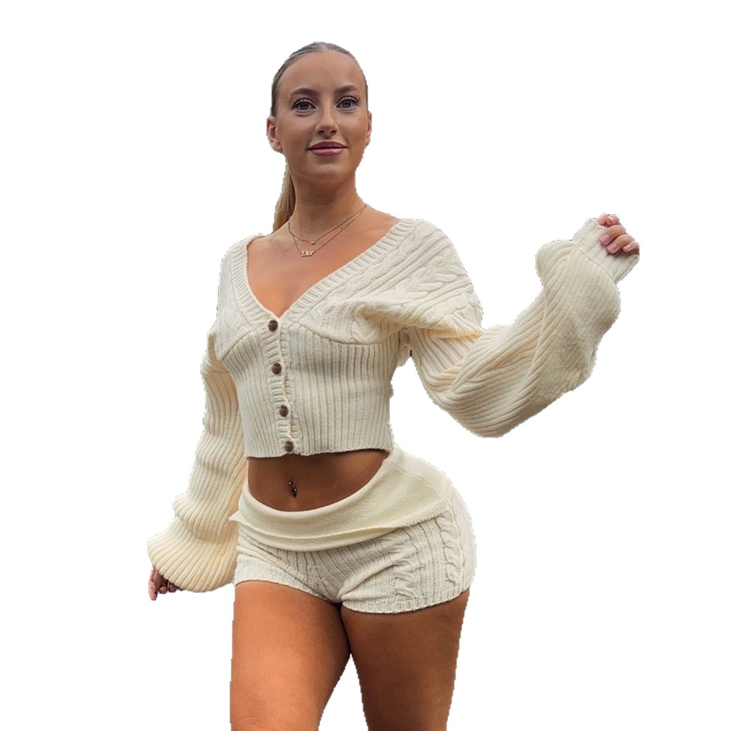Cardigan en tricot cintré pour femmes avec décolleté en V, manches à motif torsadé et boutons en bois décoratifs Echo Archiv