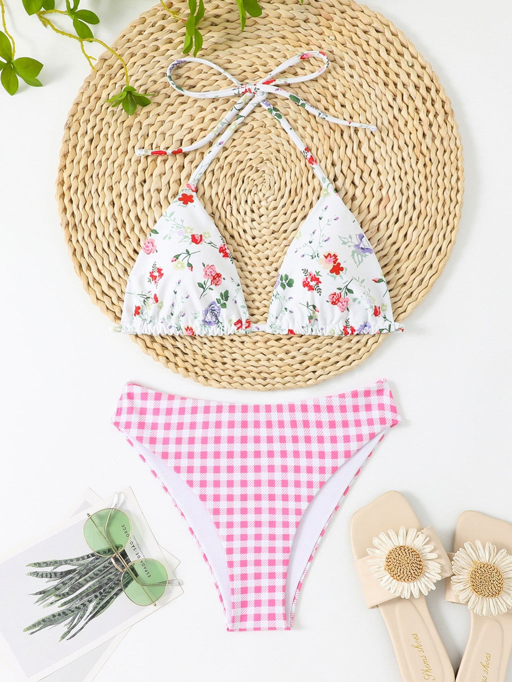 Bikini triangle femme avec motif floral et culotte à carreaux Echo Archiv