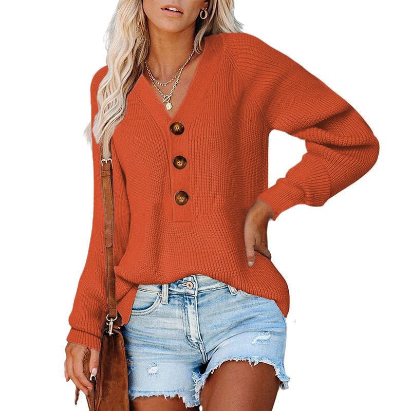 Pull en tricot côtelé pour femmes avec décolleté en V, patte de boutonnage décorative et manches ballon Echoarchiv