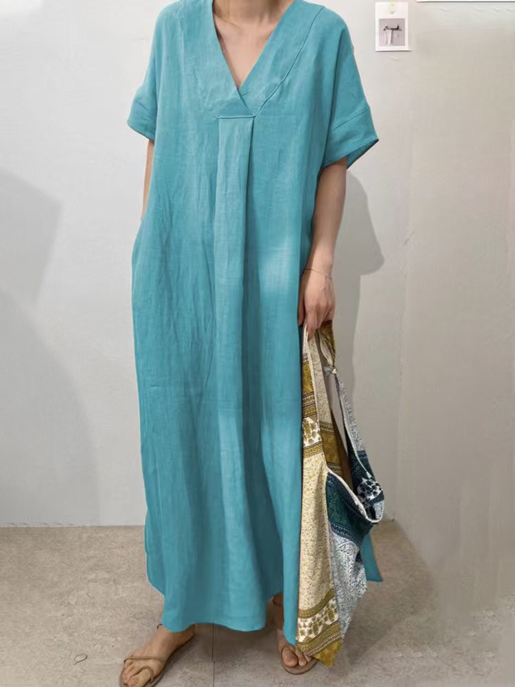 Robe longue en lin pour femmes avec décolleté en V et coupe décontractée R&B
