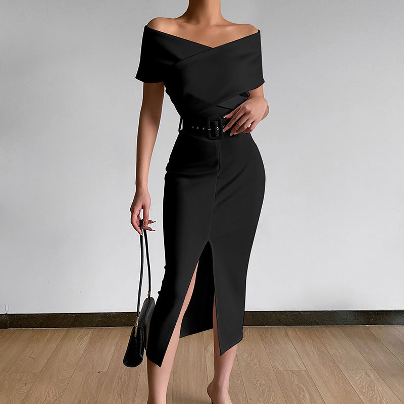 Robe Maxi Off-Shoulder pour Femme avec Ceinture à la Taille et Fente Latérale R&B