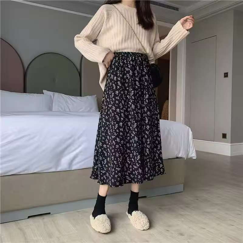 Jupe midi femme avec imprimé floral, taille cintrée à volants et qualité plissée légère