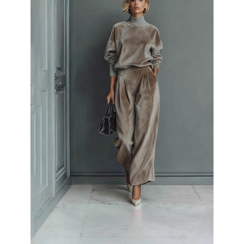 Ensemble de Loungewear en Velours à Deux Pièces pour Femmes avec Col Montant et Pantalon Palazzo Plissé Echoarchiv