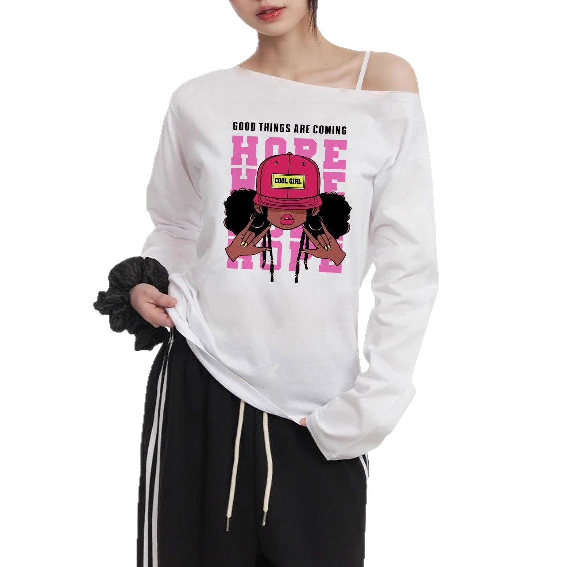 T-shirt décontracté à manches longues off-shoulder pour femmes avec impression graphique cartoon de grande taille - Echo Archiv