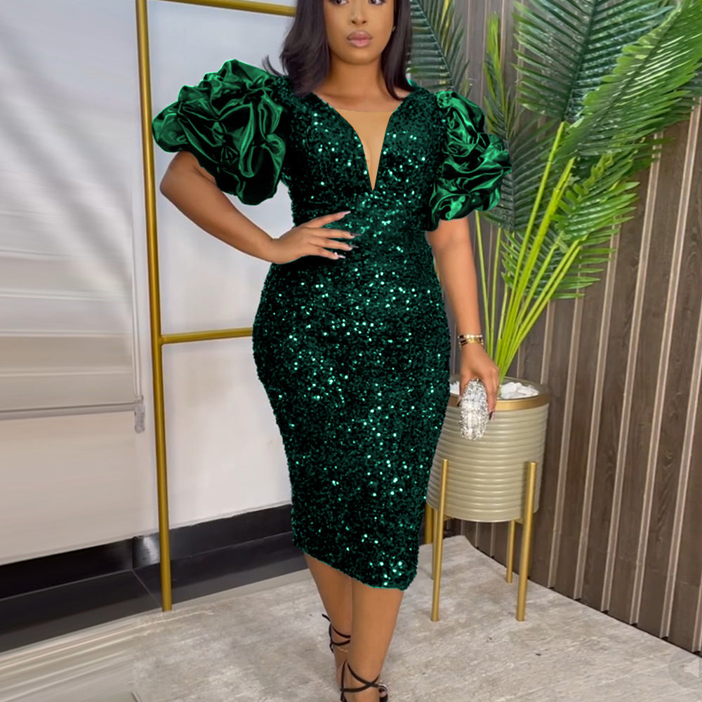 Robe de soirée glamour pour femmes avec des sequins scintillants et des manches volumineuses R&B