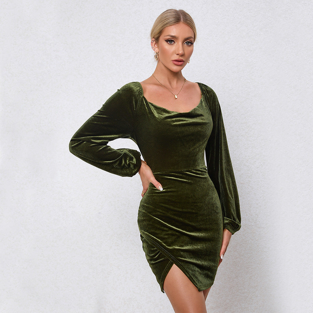 Robe Mini en Velours pour Femmes avec Col Cascade, Manches Ballon et Fronces Asymétriques Echo Archive