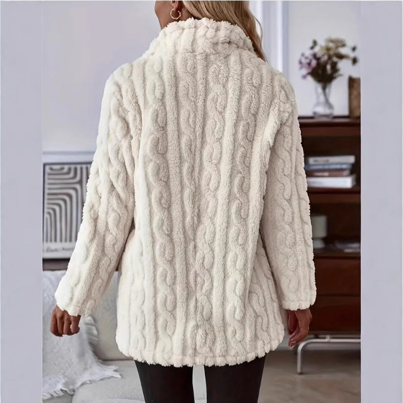 Manteau Teddy Femme avec Grand Col et Boutonnage Frontal