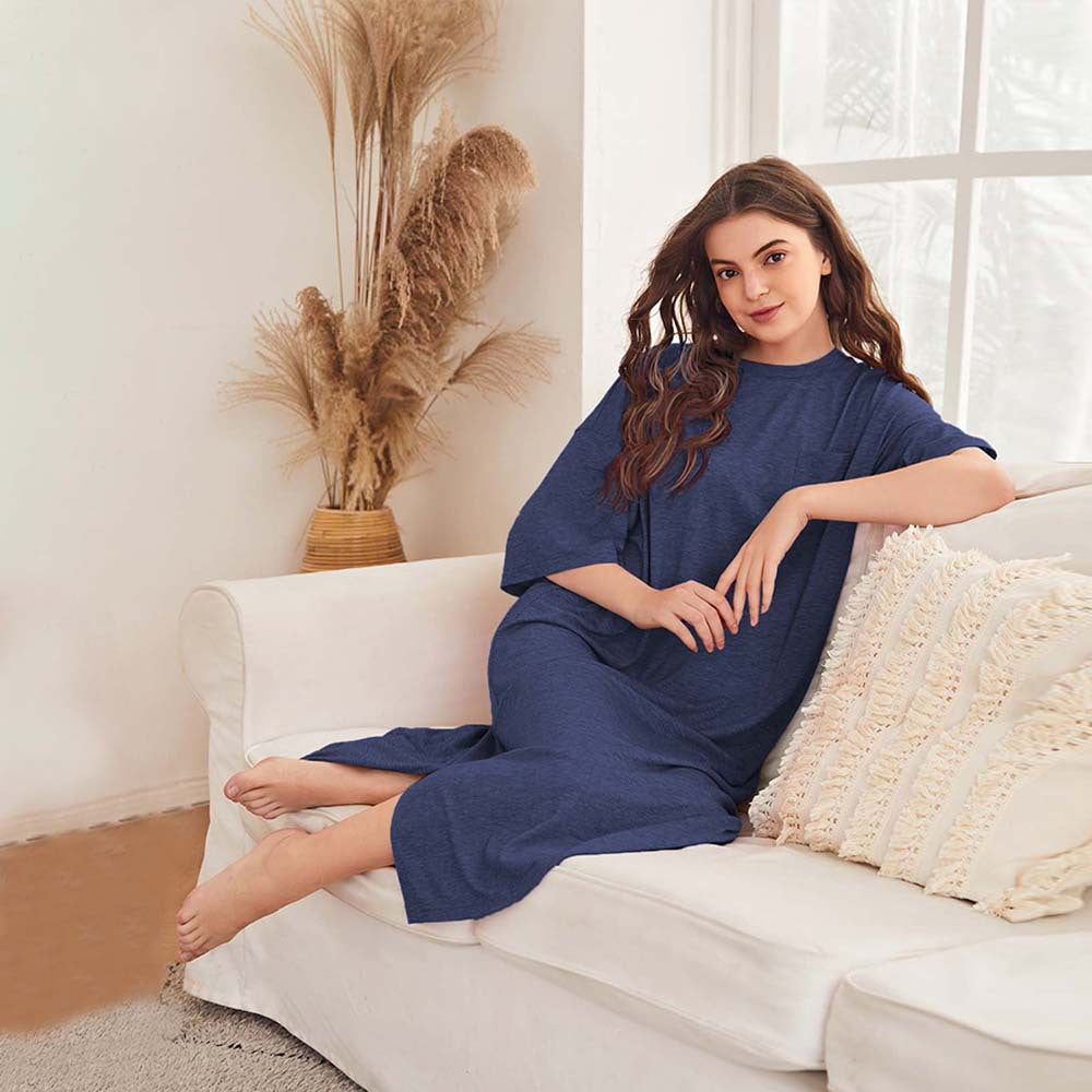 Chemise de nuit oversize décontractée pour femmes avec poche poitrine et fentes latérales