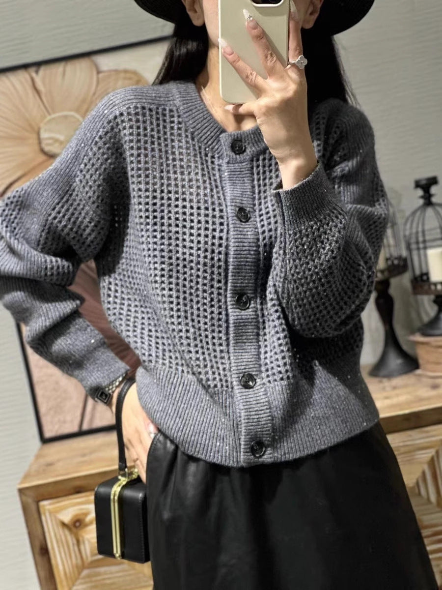 Cardigan en maille pour femmes avec col rond, patte de boutonnage et manches longues