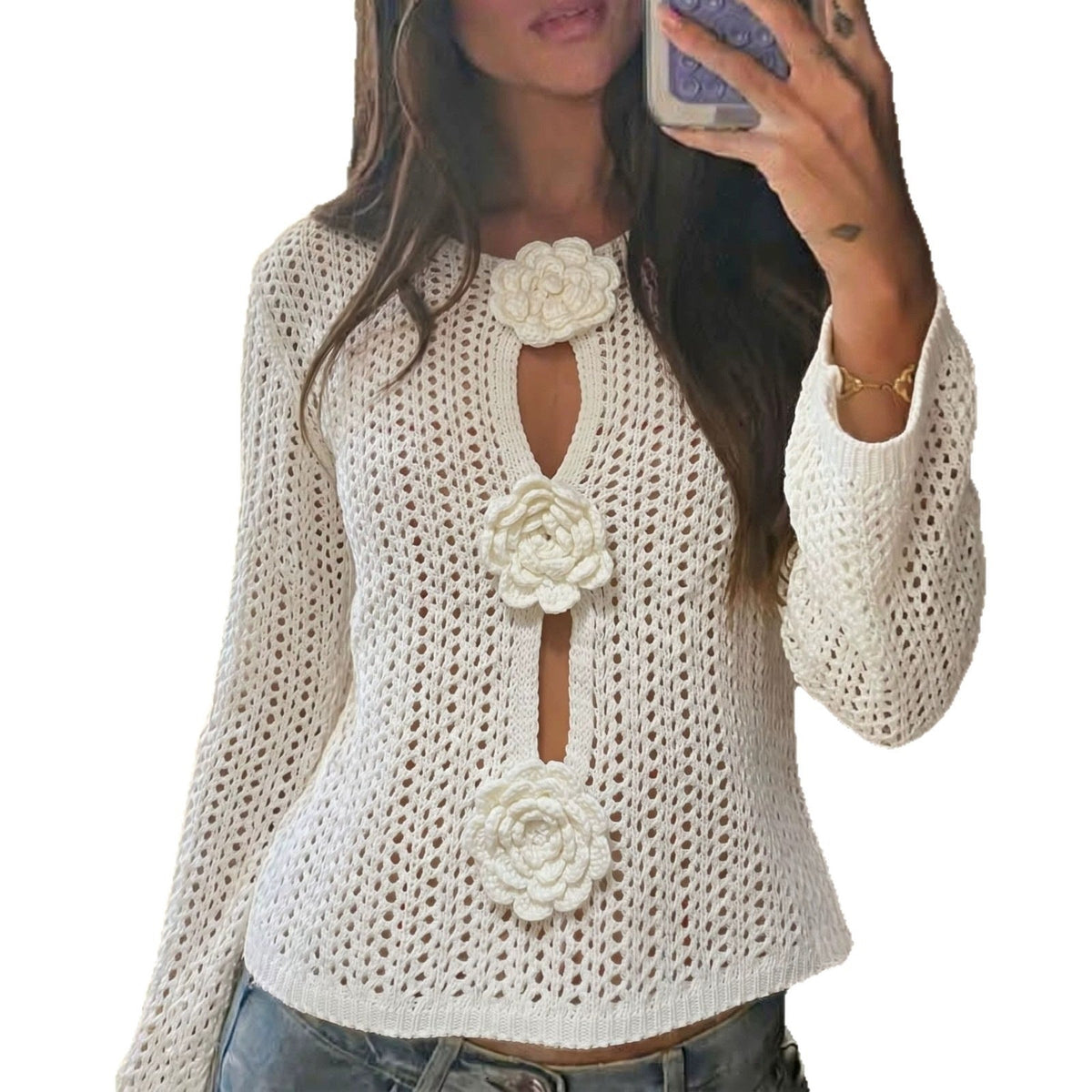 Cardigan ajour en tricot pour femmes avec application de fleurs 3D Echoarchiv