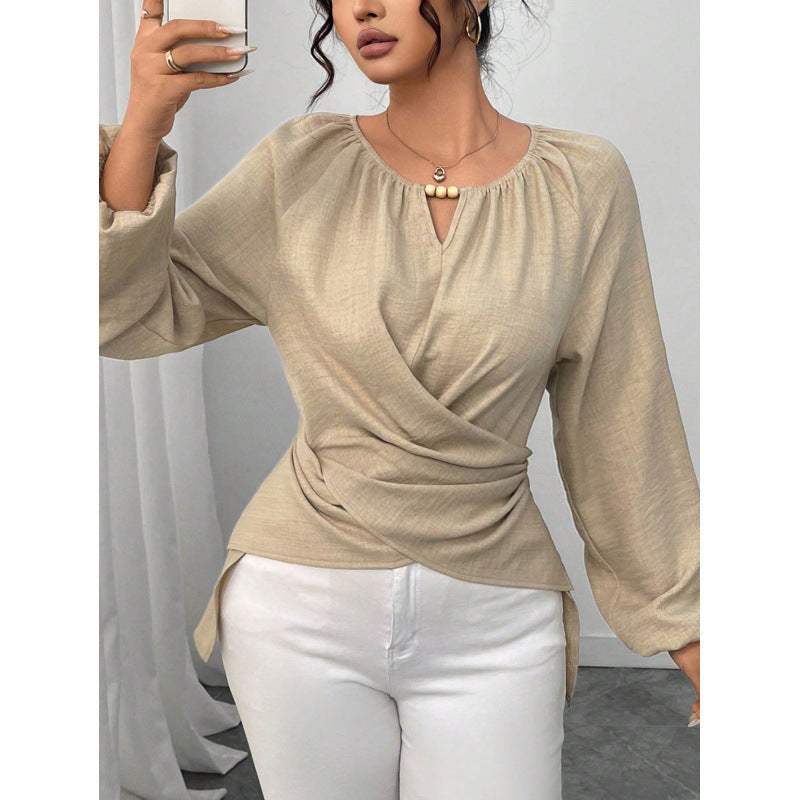 Blouse wrap cintrée pour femmes avec détail de perles et manches ballon Echoarchiv