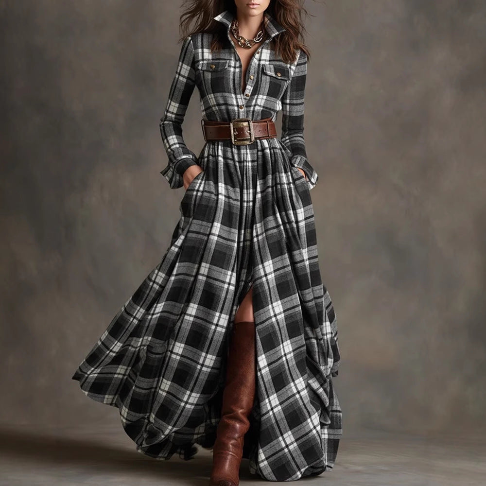 Robe Maxi à Carreaux pour Femmes avec Haut de Chemise, Taille Cintrée et Poches Latérales Echoarchiv