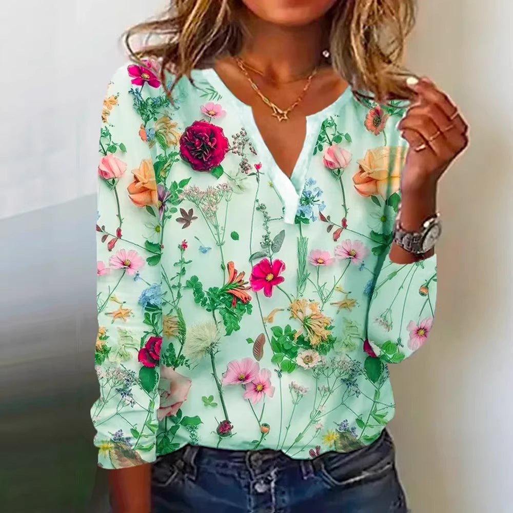 Blouse Longue Florale Femme en Look Chiffon avec Décolleté en V et Silhouette Décontractée Echoarchiv