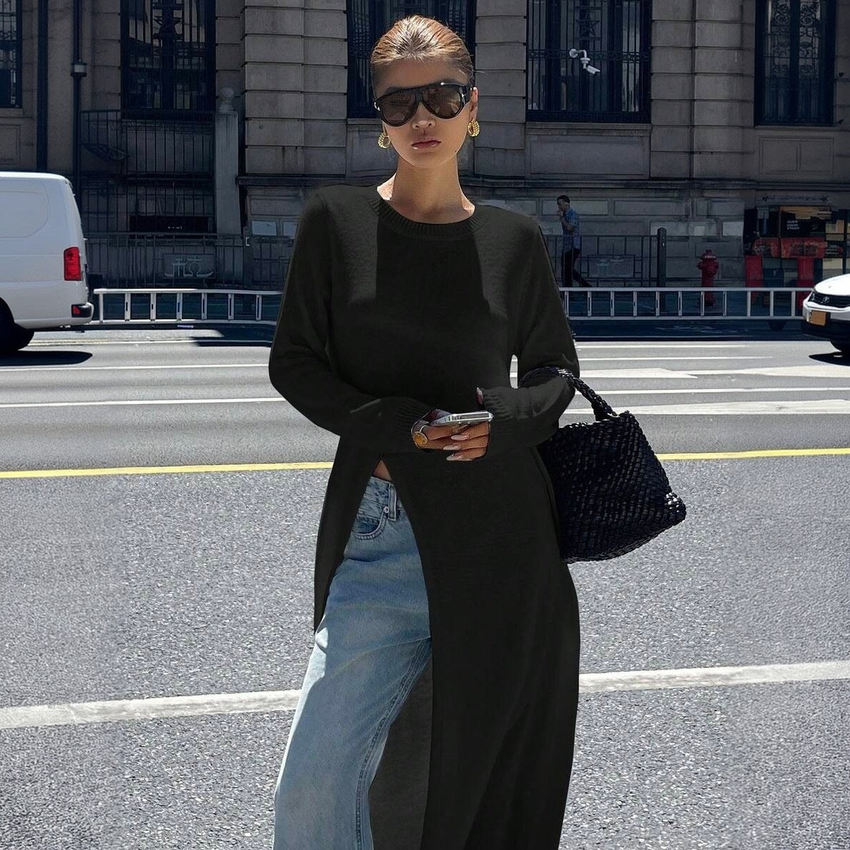 Tunique-pull long en maille fine pour dames avec fente latérale haute Echoarchiv