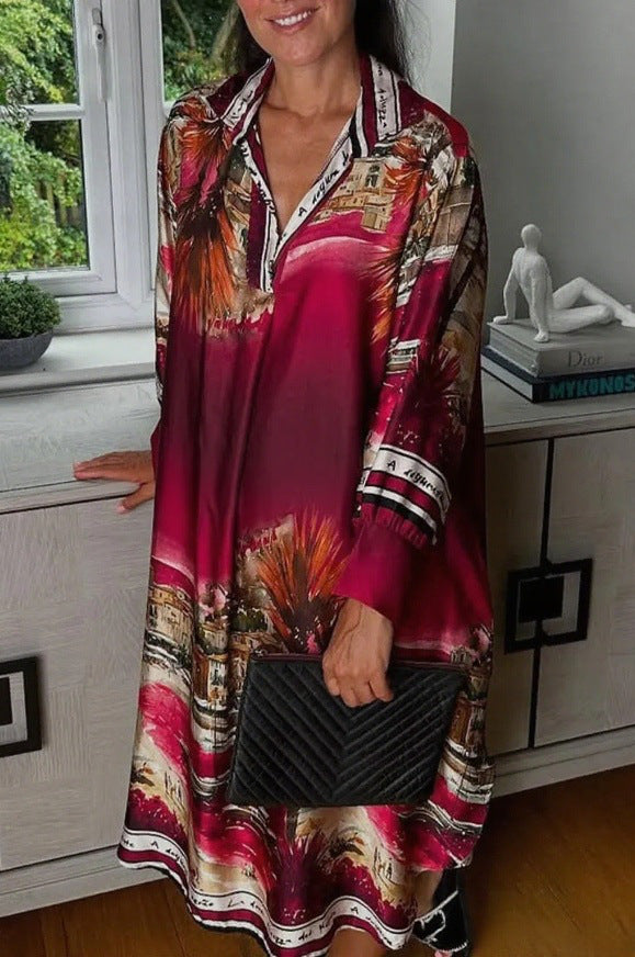 Robe chemise en aspect soie pour femmes au style caftan avec imprimé côtier illustratif R&B
