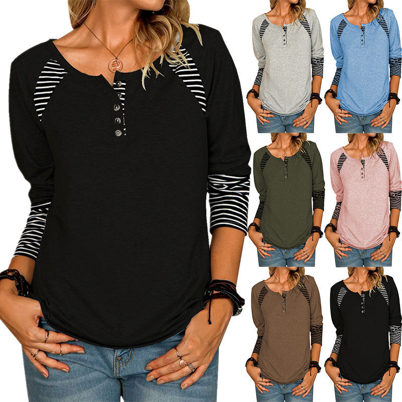 T-shirt Henley Raglan Décontracté Femme avec Patte de Boutonnage et Poignets Rayés Echoarchiv
