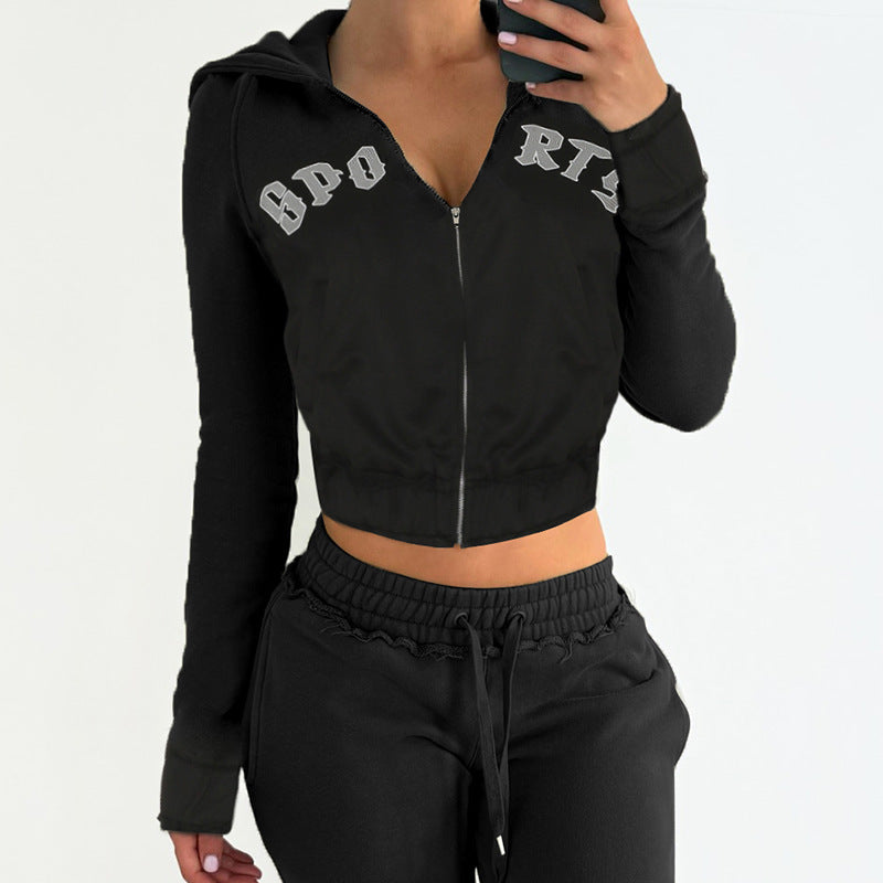 Veste cropped ajustée pour femmes avec fermeture éclair intégrale, bord élastique et impression universitaire Echo Archiv