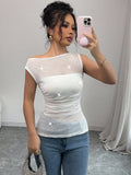 Top en mesh ajusté pour femmes avec ornements en strass, décolleté asymétrique et fronces à la taille R&B