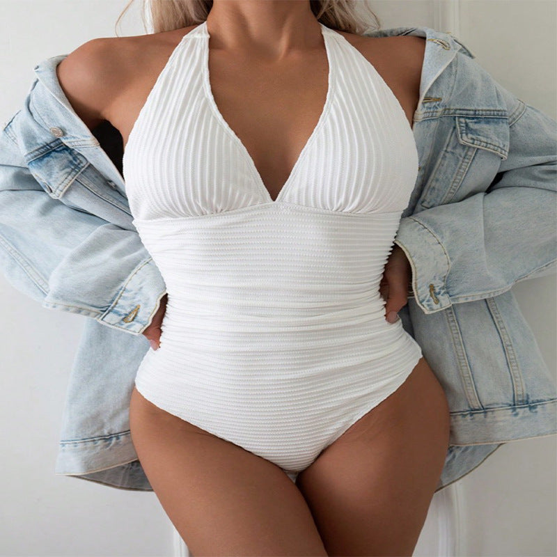 Maillot de bain une pièce pour femmes avec décolleté en V profond et fronces R&B
