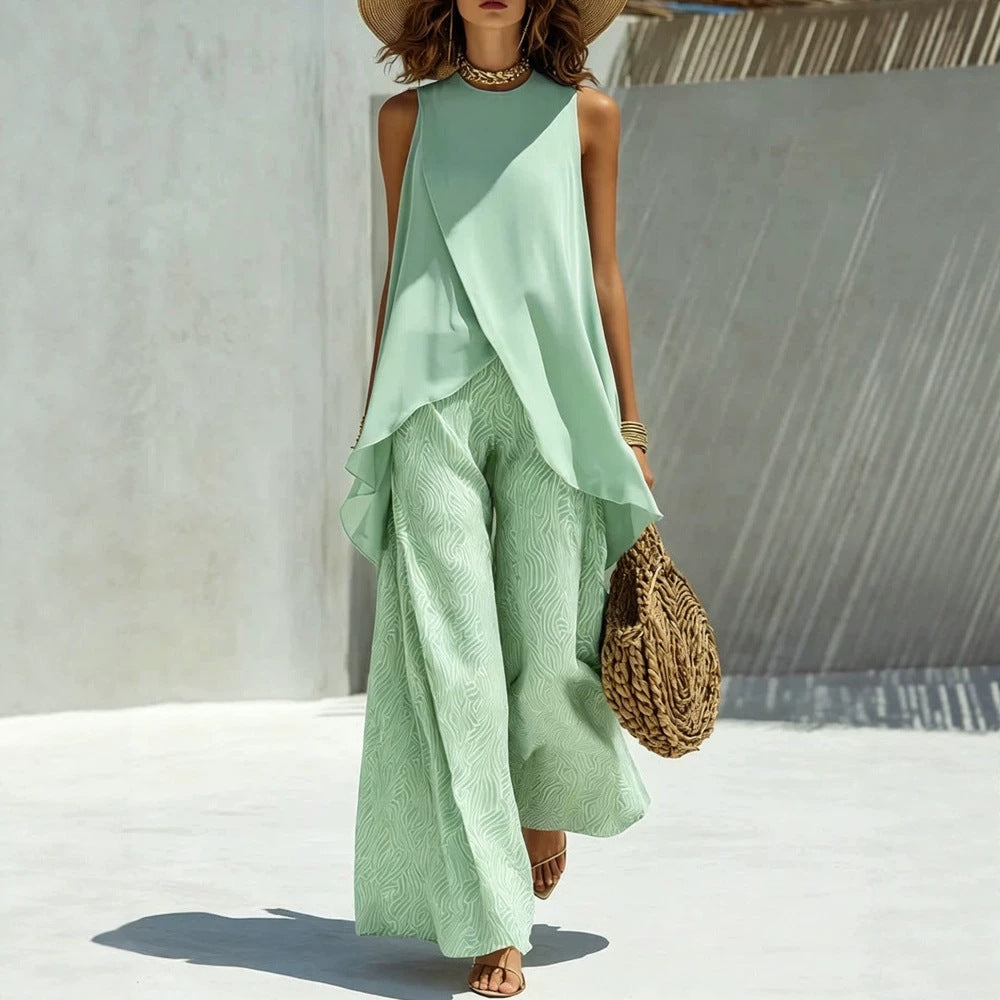 Ensemble élégant et léger pour femmes avec top asymétrique et pantalons larges R&B