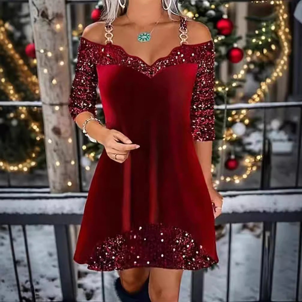 Robe swing sans manches en sequins pour femmes avec bretelles délicates, manches mi-longues et volant R&B
