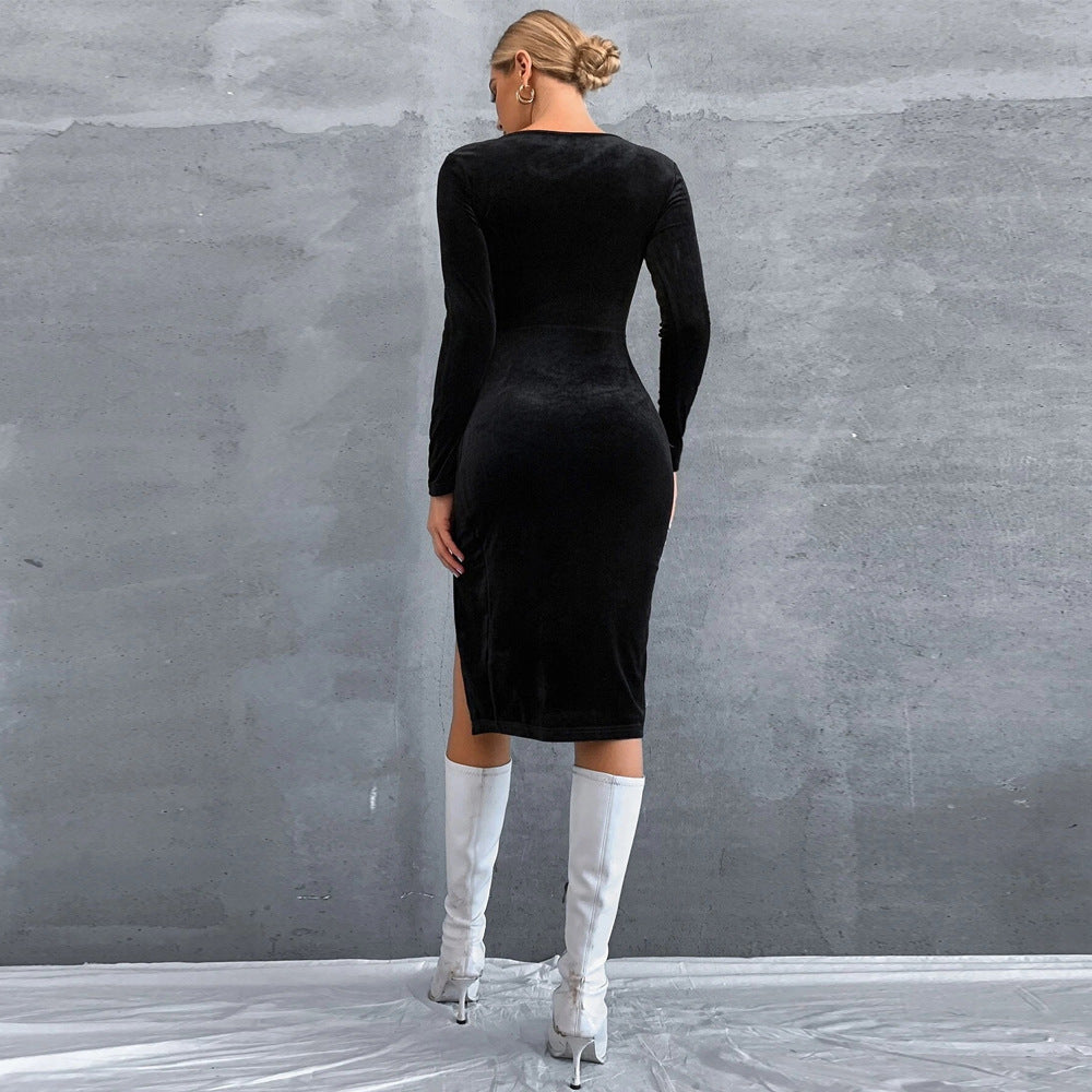 Robe midi en velours pour femme avec décolleté carré, fronces à la taille et fente latérale haute
