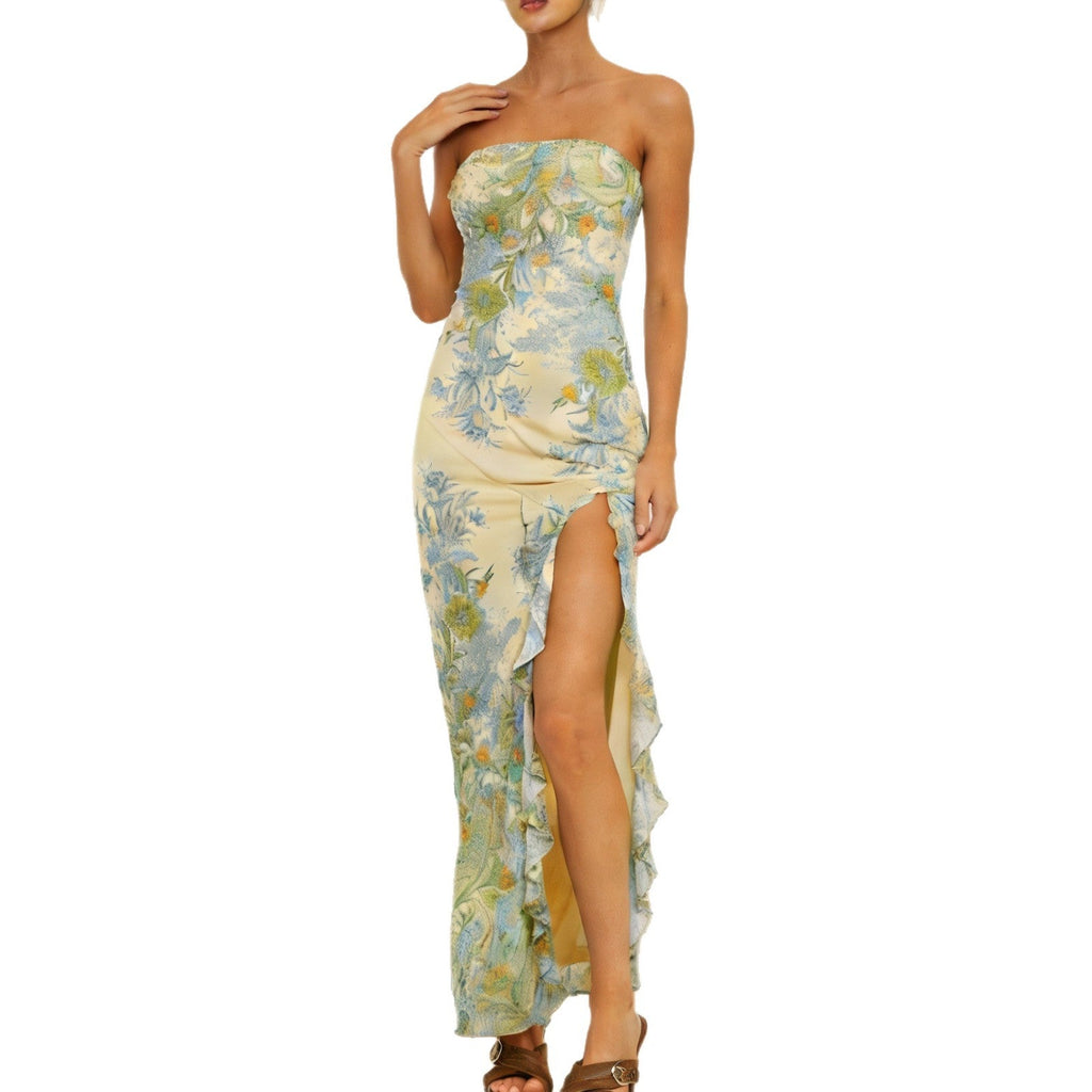 Robe maxi sans bretelles pour femmes avec volants et motif floral R&B