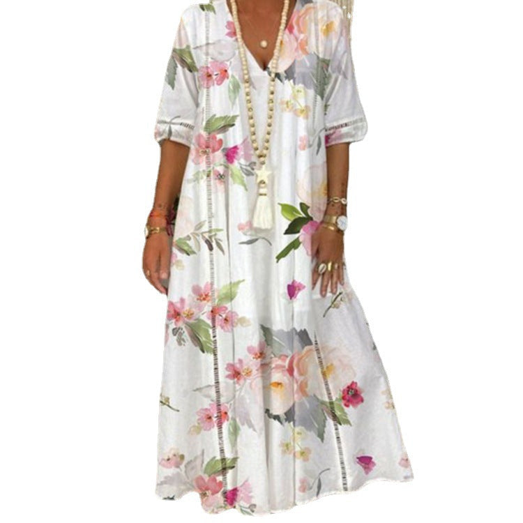 Robe mi-longue kaftan fluide pour femmes avec décolleté en V, bandes ajourées et qualité légère en mélange de lin R&B