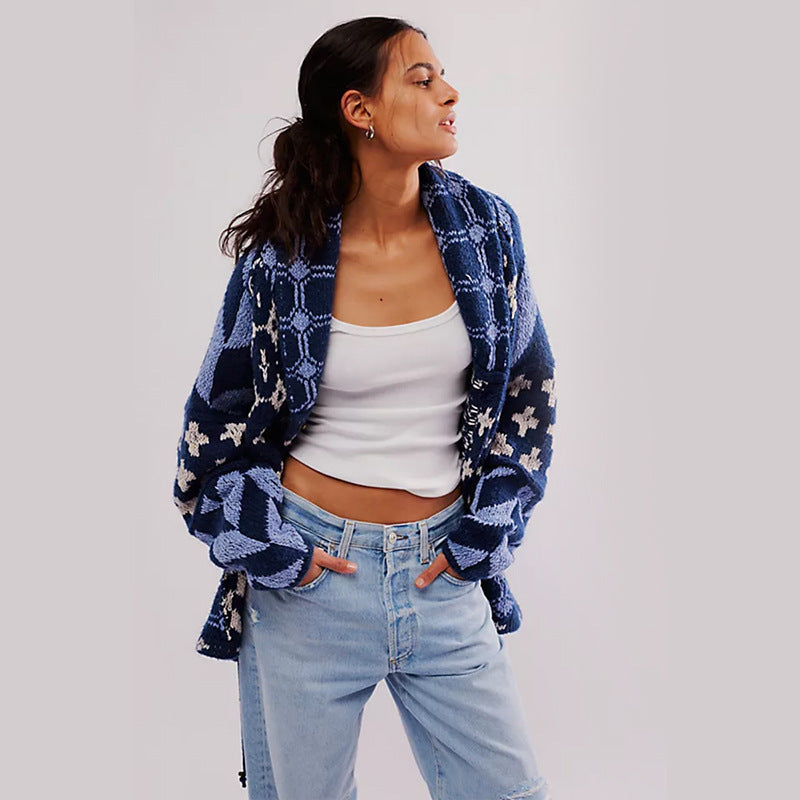 Cardigan oversized pour femmes avec col châle et motif graphique Echoarchiv