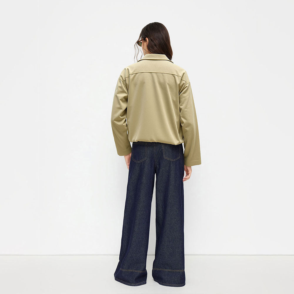 Veste bomber courte oversize pour femmes avec fermeture éclair, col léger et ourlet élastique