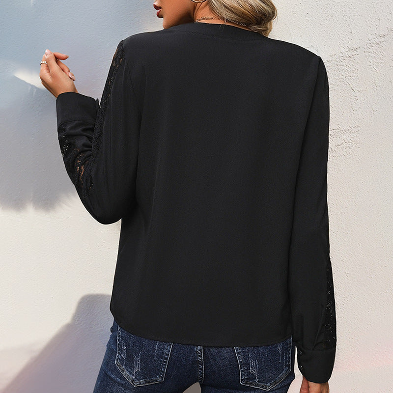 Blouse en Chiffon Élégante pour Femmes avec Col Montant, Décolleté en V et Détails en Dentelle Echoarchiv