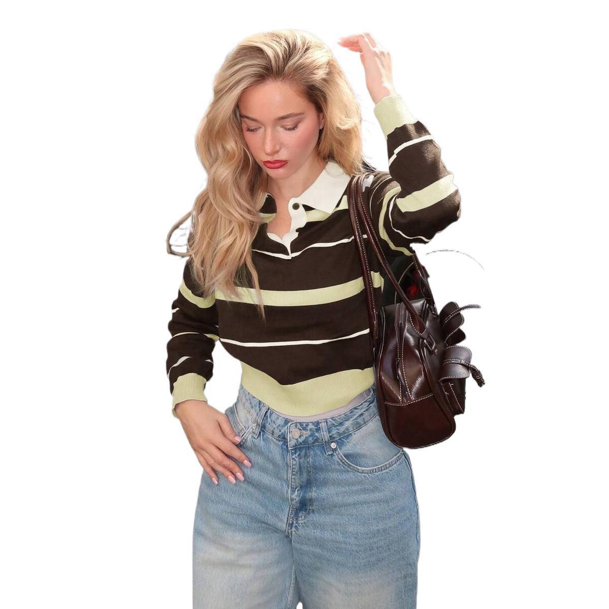 Pull rugby rayé pour femmes avec col polo et finitions côtelées Echoarchiv