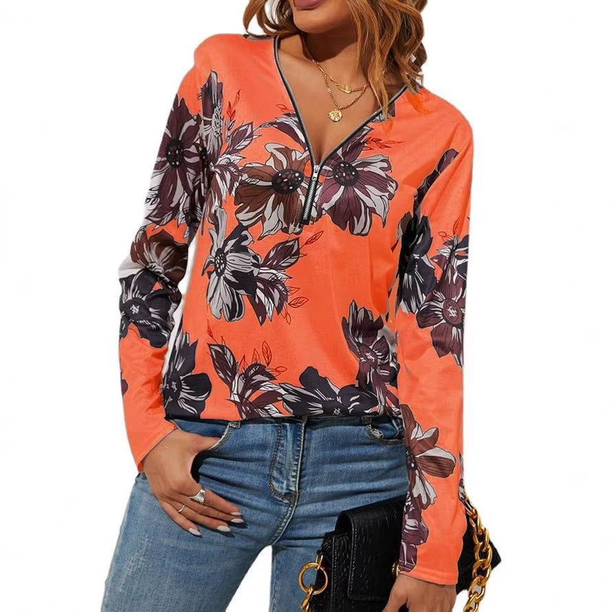 T-shirt à manches longues pour femmes avec fermeture éclair en V et grand motif floral Echoarchiv
