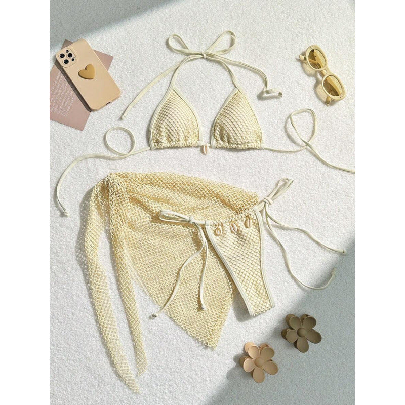 Ensemble de bikini en filet pour femmes avec nœuds à la mode et détails en coquillage R&B
