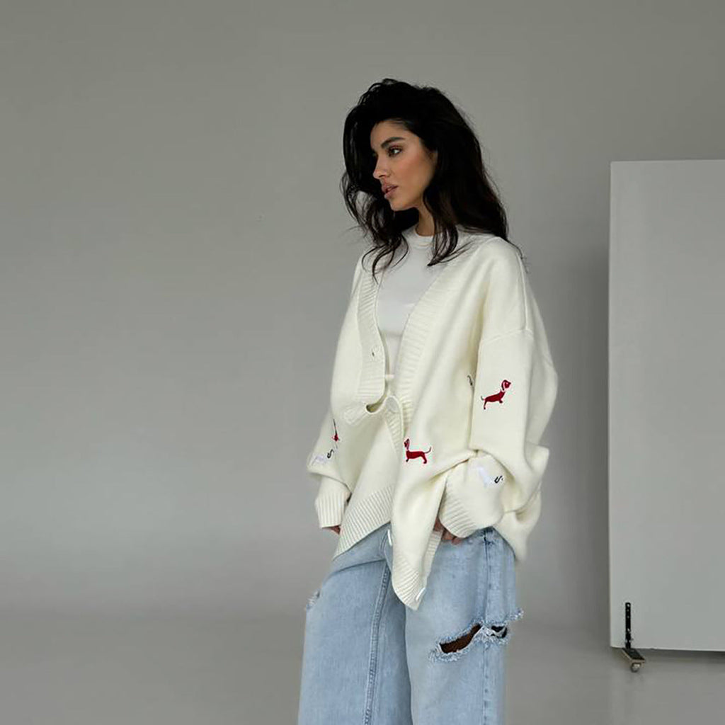 Cardigan oversized en tricot pour femmes avec motifs de teckels brodés