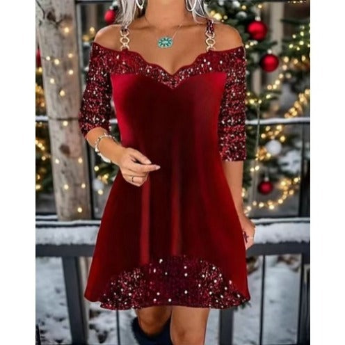 Robe swing sans manches en sequins pour femmes avec bretelles délicates, manches mi-longues et volant R&B