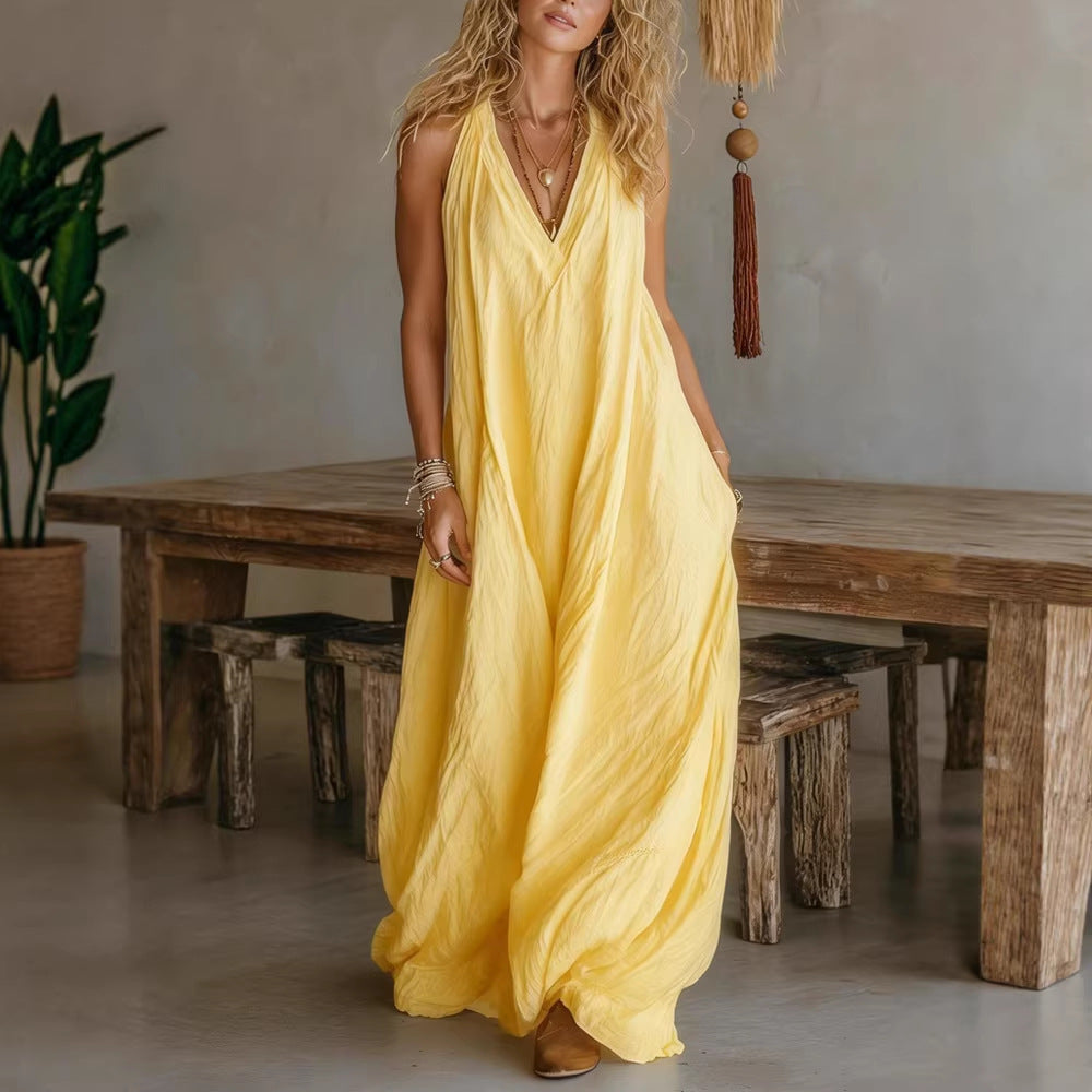 Robe Maxi Décontractée pour Femmes avec Coupe Asymétrique et Décolleté en V de R&B