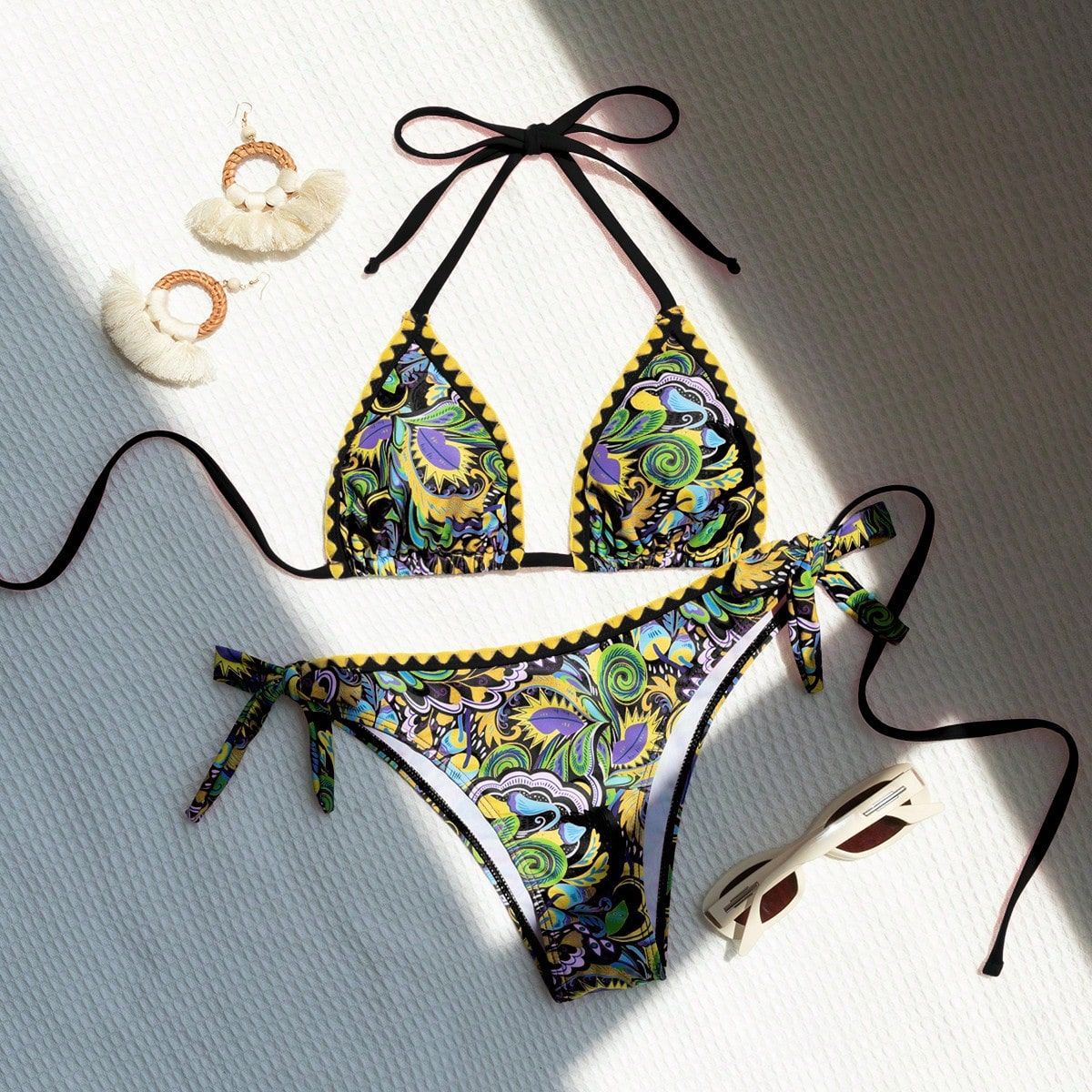 Bikini triangle pour femmes avec imprimé coloré et bretelles réglables R&B
