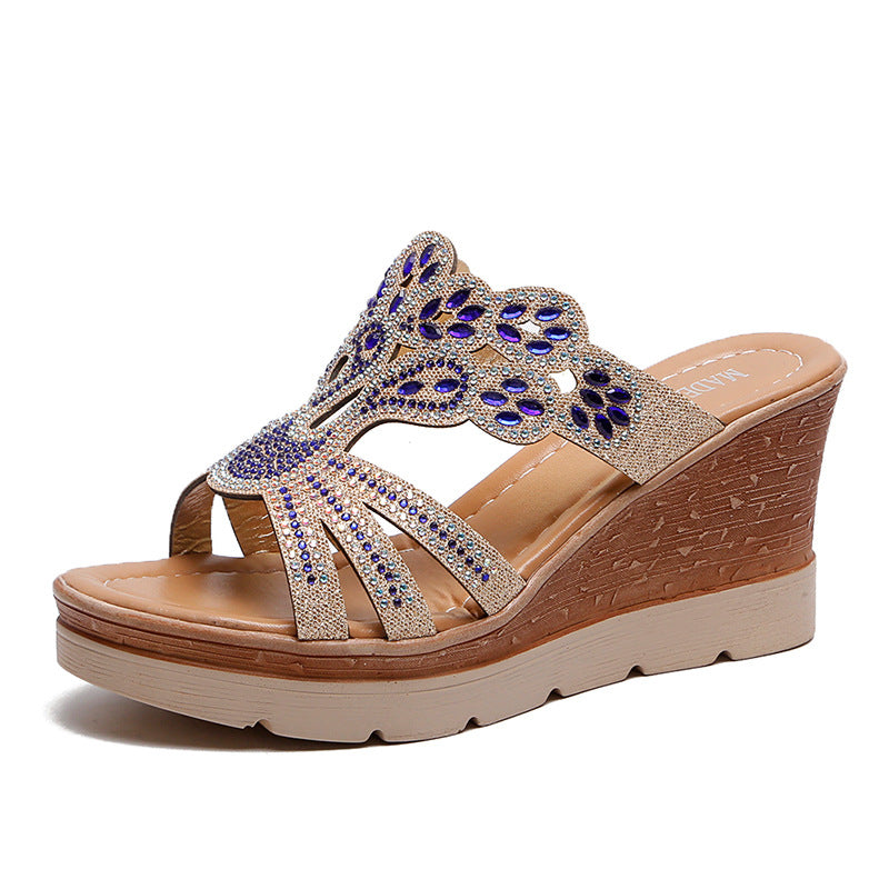 Pantoufles à talons compensés pour femmes avec des applications en cristal scintillant et semelle anatomique R&B