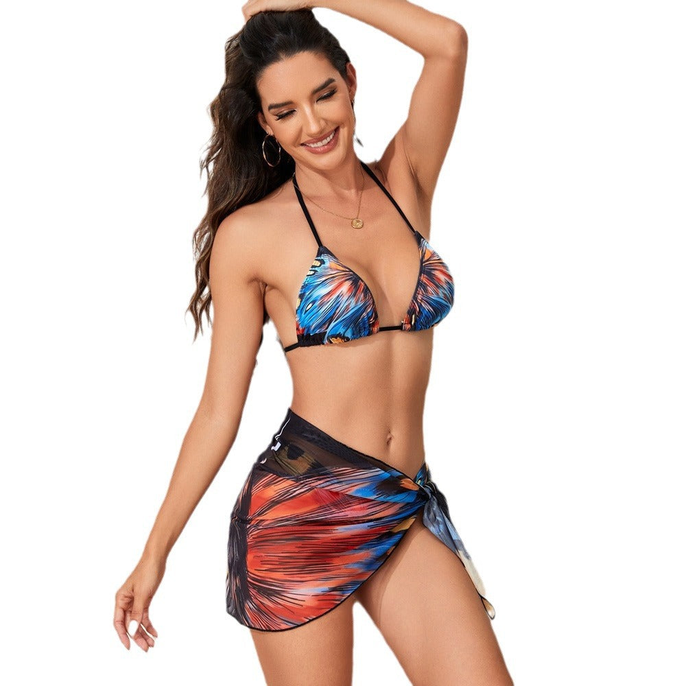 Ensemble bikini triangle pour femmes avec impression papillon excitante et pareo assorti R&B