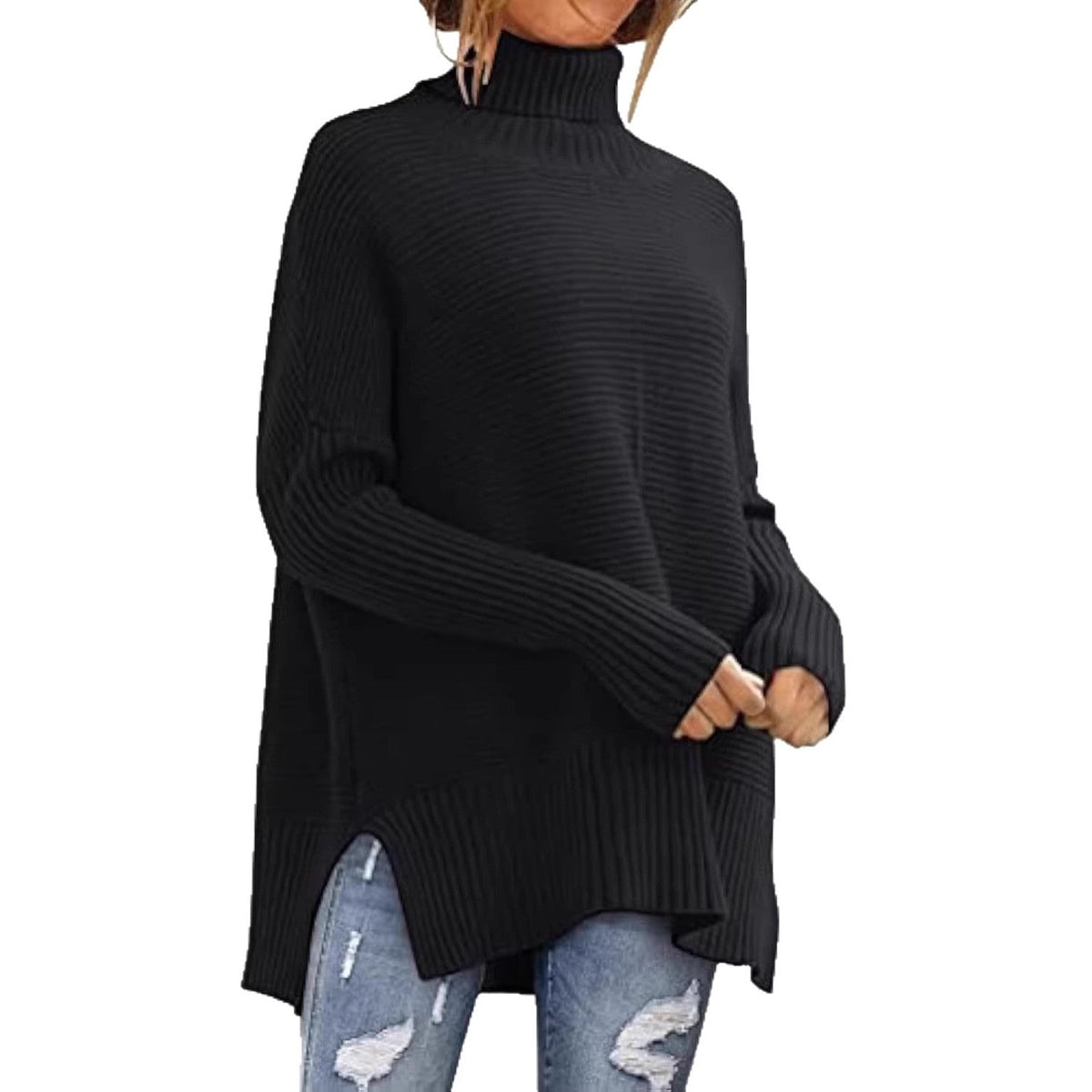 Pull à col roulé oversize en maille côtelée pour femmes avec fentes latérales et ourlet allongé