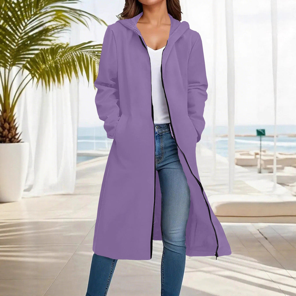 Manteau long à capuche pour femmes avec fermeture éclair intégrale et coupe A décontractée Echoarchiv