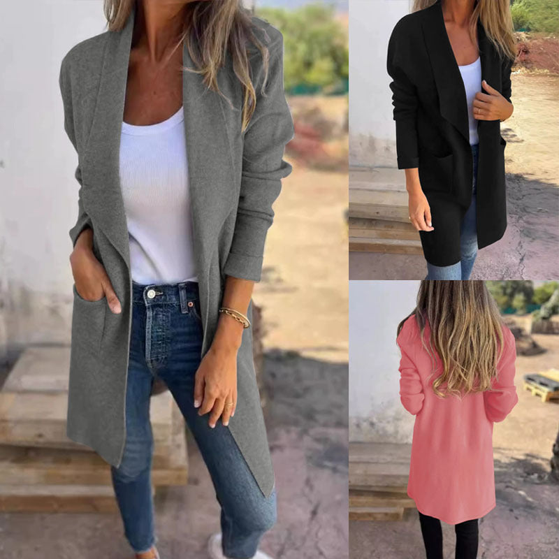 Cardigan long ouvert pour femmes avec col châle, poches passepoilées et tombé léger Echoarchiv