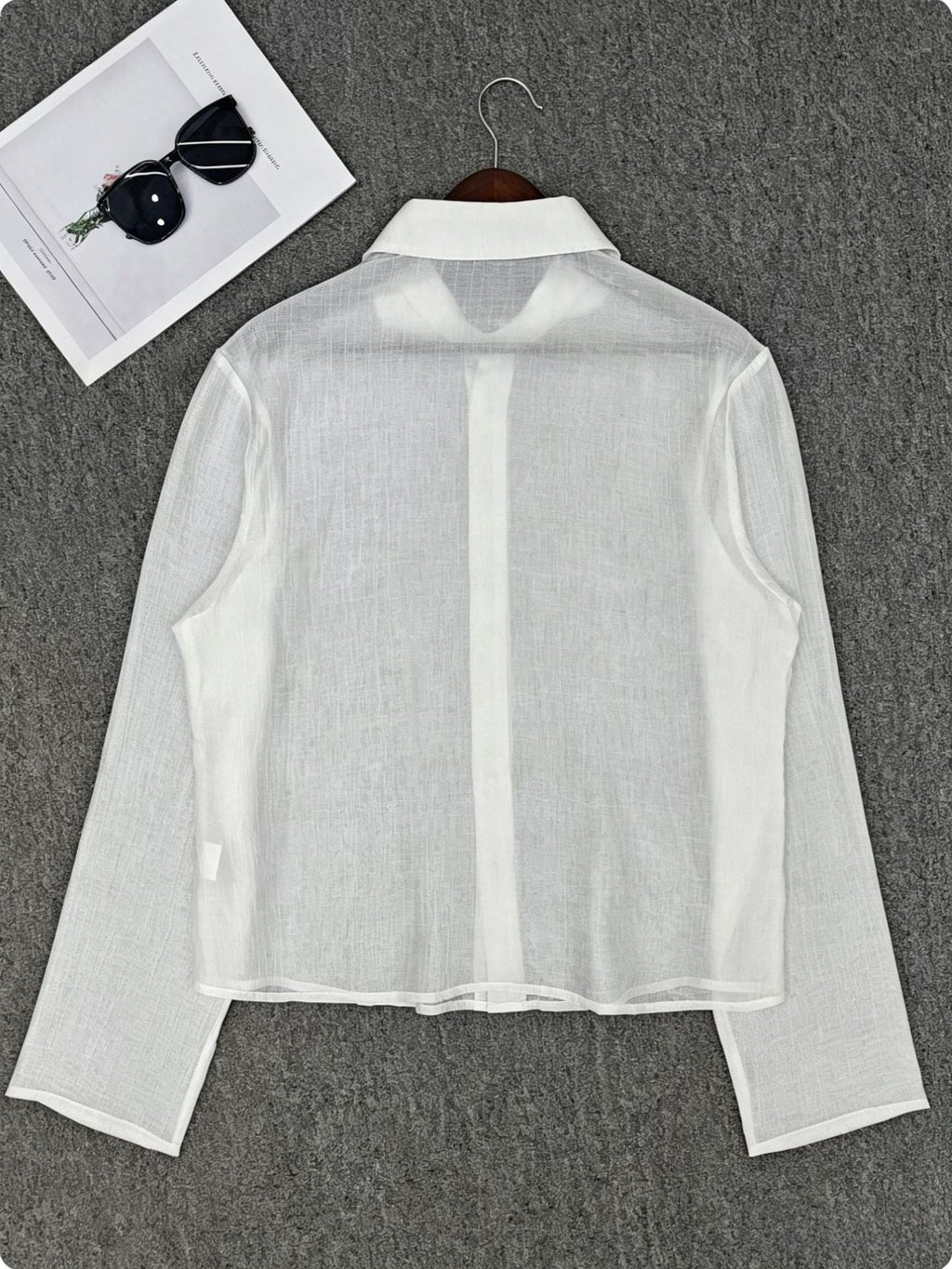 Blouse Femme Transparente en Look Lin avec Col Kent Echoarchiv