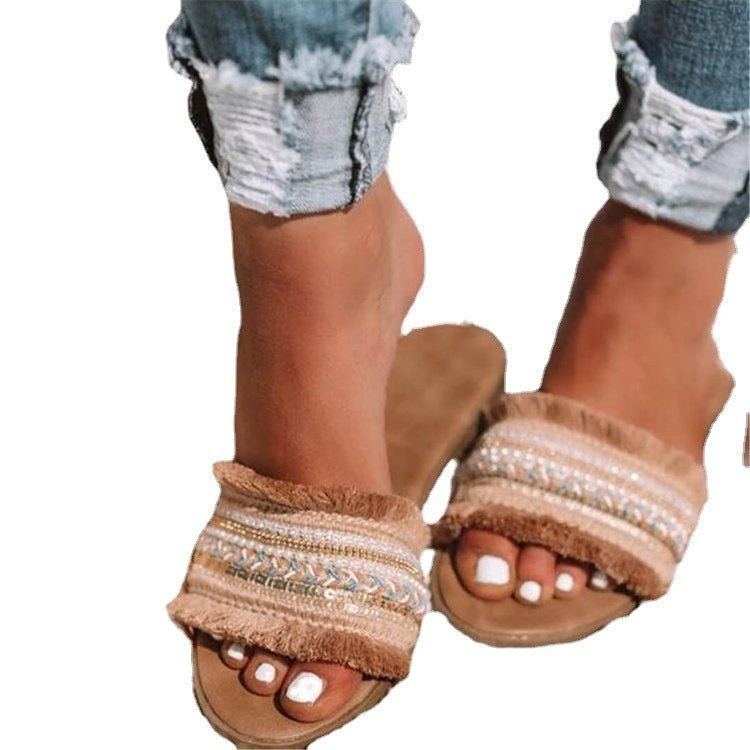 Sandales confortables pour femmes avec franges décoratives et perles R&B