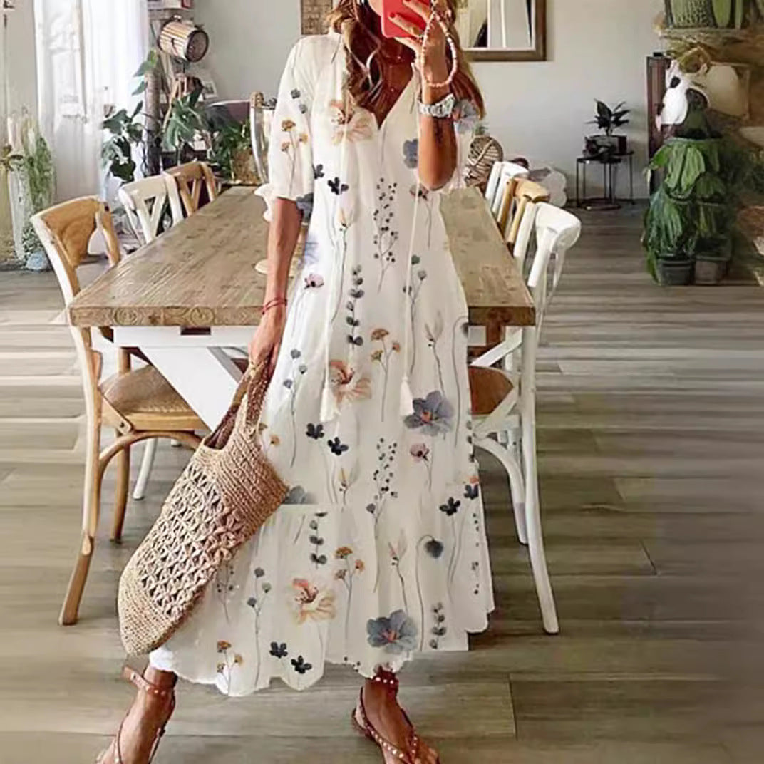 Robe maxi aérienne pour femme en A-line avec décolleté en V, manches à revers décontractées et imprimé floral en allover R&B